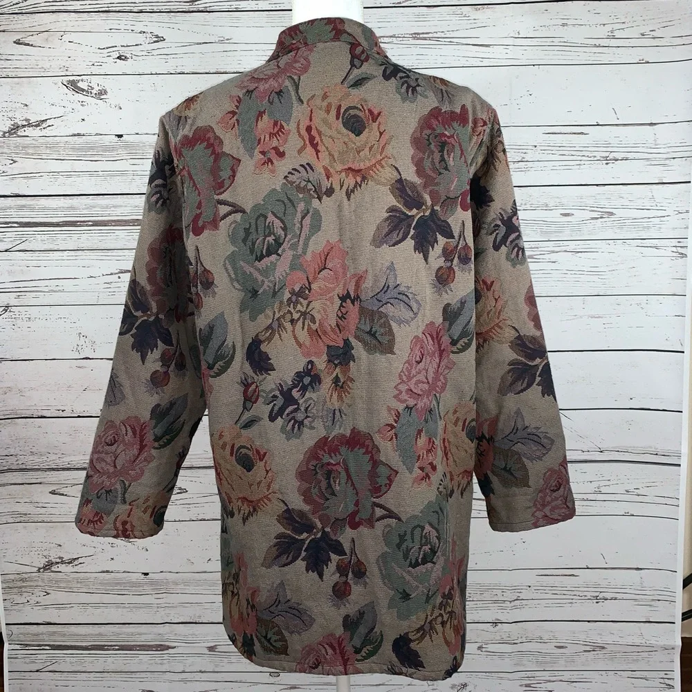 Chico's Floral Tapestry Button-Front Jacket in Taupe with Rose & Sage Accents - Picture 3 of 6